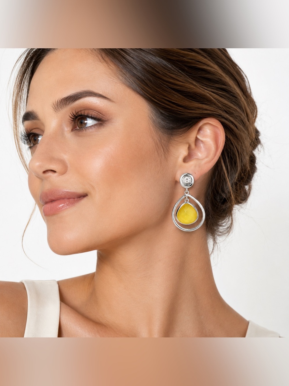 Dana Buchman Yellow Stone Silver Tone Drop Earrings Crystal Accent Statement